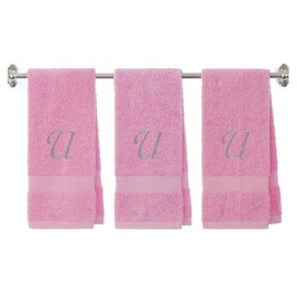BY LORA Embroidered Terry Cotton Hand Towel for Bathroom and Kitchen - Terry Cotton Hand Towel - 18 x 30 inches - 3-Pack - Pink Color Towel - Silver Script Initial U
