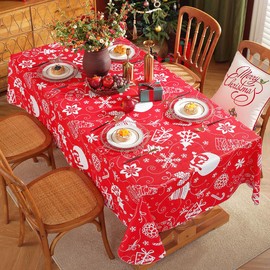 SASTYBALE Christmas Plastic Tablecloth Rectangle, Waterproof Vinyl Christmas Table Cloth with Flannel Backing, Wipeable Xmas Table Cover for Winter Holiday Party Decor (Rectangle, 60" x 102", Red)