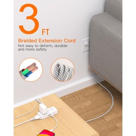 Flat Extension Cord 3 feet, Flat Plug Power Strip, 4 Widely Outlets with 3 USB Ports (2 USB C), 3 Side Outlet Extender with Extension Cord with Multiple Outlets for Home, Office, Dorm Room Essentials