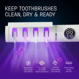 UV Toothbrush Sanitizer & Holder, UVC + UVA Sterilizer with Air Drying, 2200mAh Rechargeable Cordless Wall Mounted Toothbrush Case for Home Bathroom