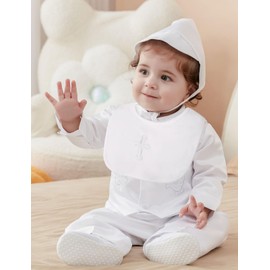 A&J DESIGN Baptism Outfits for Baby Boy Christening Clothing Set 7 PCS with Bowtie, Shoes, Socks and Bib, White, 6 Months