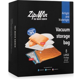 Zip&Win Vacuum Storage Bags 24''x32'' Large Size, Pack of 8 pieces Space Saver Bags for Seasonal Clothes, Duvets, Pillows, Blankets (Airtight and Waterproof)