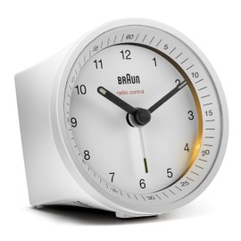 Braun BC07W-DCF Classic Analogue Radio Alarm Clock for Central European Time Zone (MET/GMT+1) with Snooze Function, Light, Silent Clockwork, and Crescendo Alarm, in White