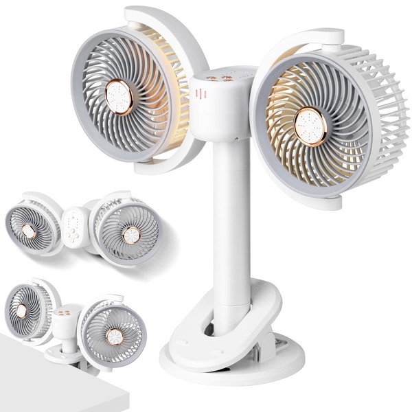 Dual Head Clip Fan,Battery Operated Desk Fan,Wall Mounted Ultra Silent