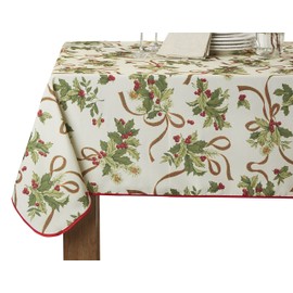 Violet Linen European Seasonal Christmas Ribbons Oblong/Rectangle Tablecloth, 60 in, Beige