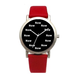 Now is The Time That is Shown Each Hour on The Black Dial of The Brushed Chrome Round Unisex Watch with a Red Leather Strap
