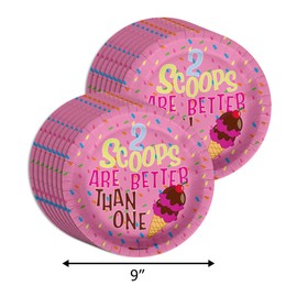 2 Scoops Ice Cream 2nd Birthday Party Supplies - 64 Piece Girls Second Birthday Tableware Set Includes Large 9" Dinner Plates and 7" Dessert Paper Plates Napkins Cups - Kit for 16