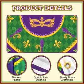 3x6 Ft Mardi Gras Pleated Fan Flag, Mardi Gras Bunting Half Fan Flag, Indoor Outdoor MardiGras Decor for Golf Cart Car Porch (Set of 2)