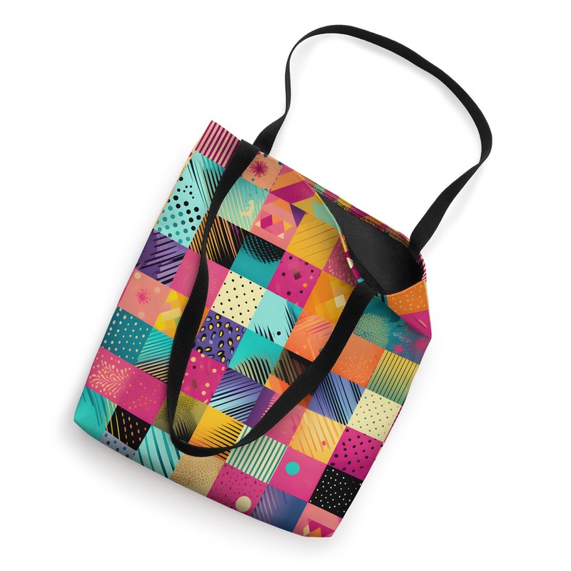 Retro Quilt 80's 90's Inspired Colorful Patchwork Pattern Tote Bag