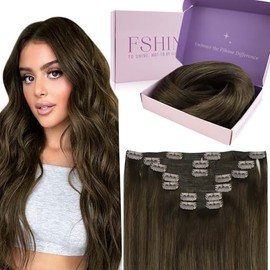 Fshine Extensiones De Clip De Pelo Humano 16 pulgadas Extensiones Clip Pelo Natural Balayage El Marrón Más Oscuro Para Marrón Claro Double Weft Clip in Extensions 120 Gramos 7 piezas Color 2 8 2