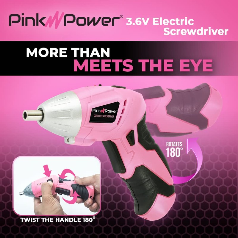 Pink Power Cordless Screwdriver Set - 3.6V Electric Screwdriver Rechargeable