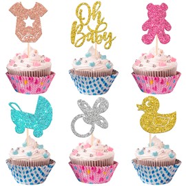 24 piezas de adornos para cupcakes de baby shower, con purpurina, para bebés, chupete de oso, para bebé, para fiestas de cumpleaños, suministros coloridos