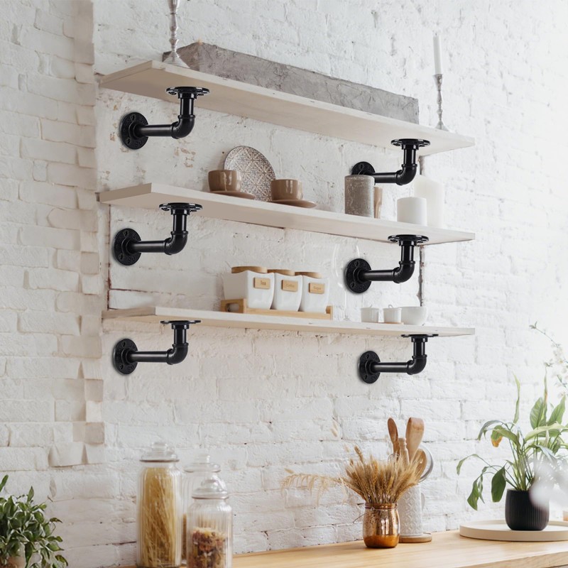 HBLYJS L-Shaped Industrial Pipe Shelf Brackets, Black Metal Wall-Mounted Floating