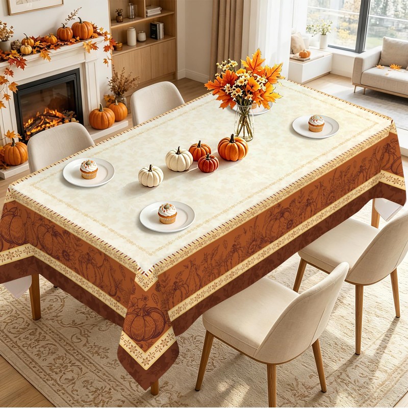 Fall Pumpkin Maple Leaf Rectangle Table Cloth Orange 60x84inch