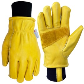 Hocoi Moa Insulated Leather Work Gloves for Men, Windproof Cowhide Winter Work Gloves for Driving Working, Water Resistant (Yellow Insulated, Large)