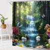 Rainforest Waterfall Shower Curtain Tropical Floral Butterfly Nature Green Tree