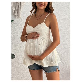 SHENHE Women's Maternity Babydoll Tops Spaghetti Strap Lace Trim Textured Peplum Tank Summer Pregnancy Cami Apricot Medium