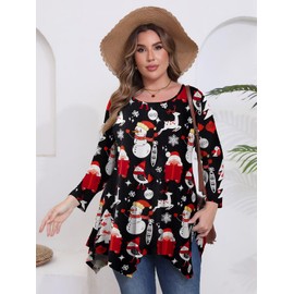 BELAROI Plus Size Tops for Women Christmas Tunic Tops 3/4 Sleeve Casual Snowman Print Swing Loose T Shirts Blouse(4X,Flower47)
