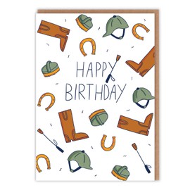 Horse Riding Theme Birthday Card - Cute Illustrations of Equestrian Essentials 'Happy Birthday' - Cute Birthday For Her For Him