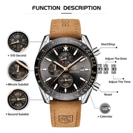 BENYAR Mens Watches Quartz Movement Chronograph Leather Strap Fashion Business Sport Design 30M Waterproof Scratch Resistant Elegant Gifts for Men