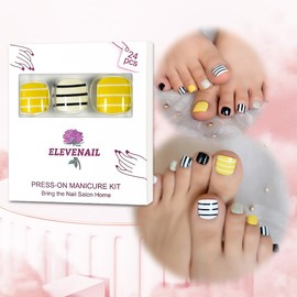 ELEVENAIL White Dark Yellow Press On Toenails Silver Glitter Short Squoval False Toe Nails with Stripe Design Multicolor Toenail Art Tips Women Girls Manicure Reusable Acrylic Glue On Fake Toenails