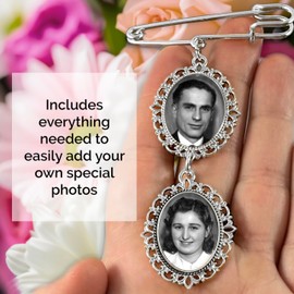 Wedding Bouquet Photo Charm Pin Cascading Double Oval Frame for Bride's Flowers or Boutonniere, Silver plate