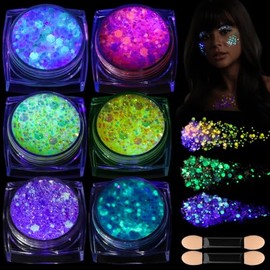 CharmBurst 6 Colours Glitter Gel That Glows in the Dark, Body Glitter Face Glitter for UV Blacklight Parties Raves