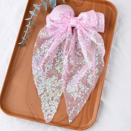 Pink Sequin Hair Bow Clips for Women Girls Bow Hair Accessories for Girls Teenagers Glitter Barrette Clip with Long Tail for Styling Adults Sparkle Bowknot Hairpin for Party Prom