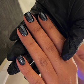 SXVME Acrylic Press on Nails Short, Metallic Black Fake Nails with Design, Sparkle Chrome Nails Press ons Short Square, Bling Glazed Soft Gel Glue on Nails for Women Party Prom Nail Art in 24 Pcs