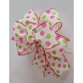 HANDMADE BOW PINK GREEN POLKA DOTS ON WHITE FOR  BASKETS WREATHS SWAG LANTERN