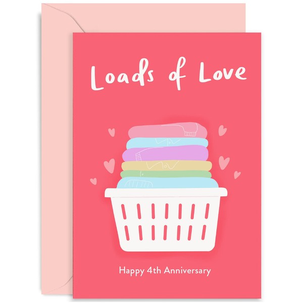Old English Co. Happy 4th Wedding Anniversary Card for Couple - Funny Loads of Love Laundry Basket Design - Linen Wedding Anniversary 4 Years Married Card for Him and Her | Blank Inside with Envelope