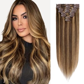 S-noilite Clip in Hair Extensions Human Hair Medium Brown/Dark Blonde, 18 Inch Clip in Human Hair Extensions 8PCS Straight Human Hair Extensions Clip In 70G
