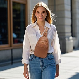 Viverte Crossbody Bags for Women Small Leather Sling Bag Fanny Packs Cross Body Chest Bag for Woman (Brown)