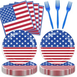 4th of July Decorations American Flag Tableware Set - 48 Piece Fourth of July Independence Day Party Supplies Plates, Napkins, Forks - Memorial Day Patriotic Decorations,Serve 16