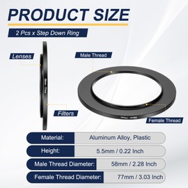PATIKIL Step-Up Ring Adapter 58mm to 77mm, 2 Pcs Filter Step-up Rings Camera Lens Filters Metal Ring Digital for ND IR DSLR Lenses, Black