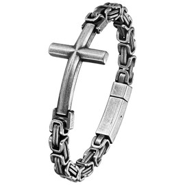 Flonge Men's Cross Christian Bracelet: Hip Hop Cross Pendant Byzantine Chain Bracelets Punk Stainless Steel Link Bracelet Christian Jewelry Gift for Men Vintage Silver