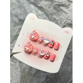 Handmade Children's Press On Nails Short MouyouGlow, Children Cute Kawaii Carton 3D Bow Me Lody Heart Stars Fake Nails with Nail Glue Sticker, Kids Acrylic Artificial Children's Fingernails CH14