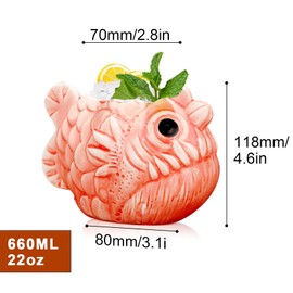 INFTYLE Tiki Mugs Fish Cocktail Cups 22oz/650ml Set of 2 Creative Red Tiki Glasses Bar Large Ceramic Hawaiian Themed Tropical Barware for Party Barware