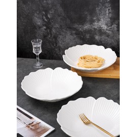 CLAY TONIC Claytonic Set of 3-Japanese Style Flower Petal Shaped Porcelain Round Dinner Plates, Versatile Circular Serving Plates for Pasta, Salad, Steak Dinner (White, 10 Inches)