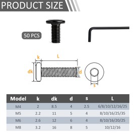 Pack of 50 screws, high-strength carbon steel, fully threaded, bolt, black, with Allen key (M5, length: 8 mm)