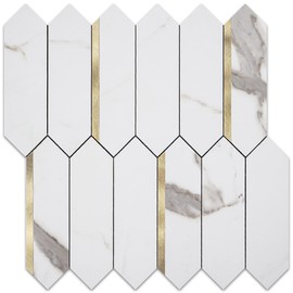 KASARO Peel and Stick Backsplash Long Hexagon Wall Tile, 10-Pieces PVC Self Adhesive Mosaic Tiles, Marble White with Vintage Gold Stripes Decorative for Kitchen, Bathroom and Fireplace