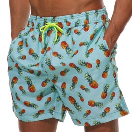 pjsonesie Mens Quick Dry Swim Trunks with Mesh Lining Summer Cool Bathing Suits S-XXL (US S (Fits Waist 30.5" - 32",Tag L), F-Cyan Pineapple)