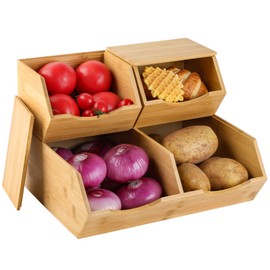CENCODE Bamboo Pantry Storage Bins with Lid - Stackable Baskets, Potato and Onion Storage, Wood Storage Bins for Pantry Baskets Organization and Storage, Kitchen Essential, Set 3 Pieces