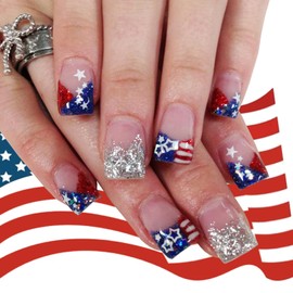 24Pcs Independence Day Press on Nails Short Square French Tip Fake Nails Red Blue White American Flag Nail Designs Full Cover Sparkly False Nails 4th of July Acrylic Nails for Women Manicure Decor