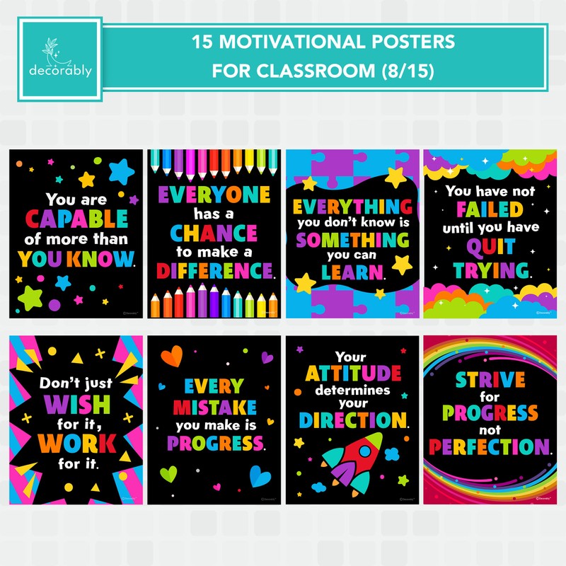 Decorably 15 Chalkboard Motivational Posters for Classroom, 11x14in Matte-Laminated Motivational