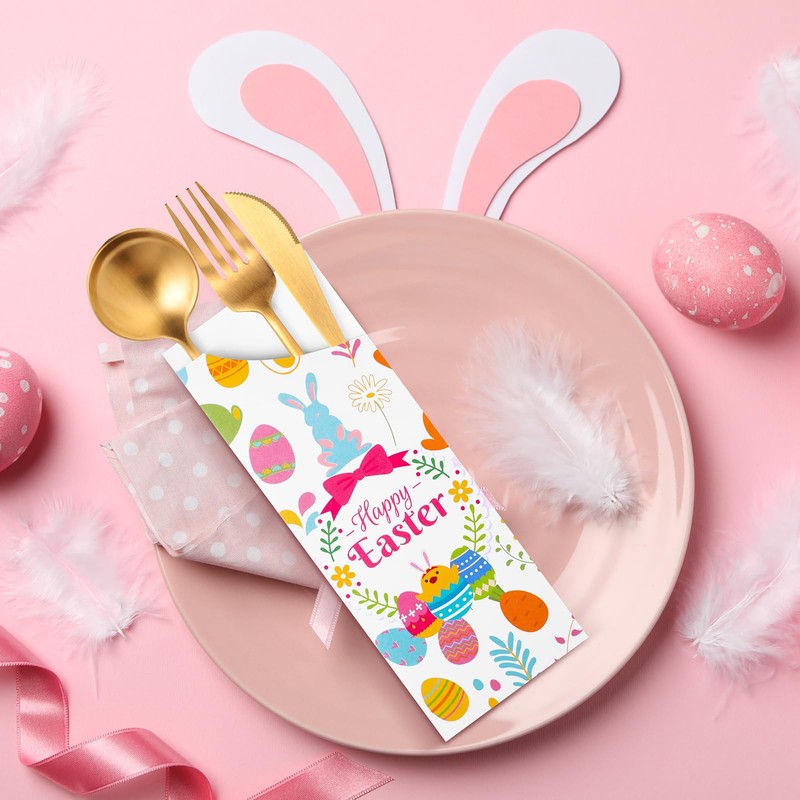 Ireer 100 Pcs Easter Silverware Bags Disposable Paper Cutlery Utensil