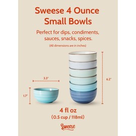 Sweese 4 Oz Porcelain Bowls Set - 6 Pack Mini Dipping Dessert Bowls, Microwave Dishwasher Safe, Multicolor