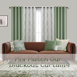 Mrs.Naturall Sage Green Curtains 90 Inch Length for Living Room 2 Panel Set Grommet Damask Medallion Pattern Room Darkening Window Curtain Drapes for Bedroom, 52x90 Inches Long