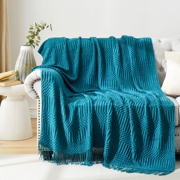 HommxJF Teal Knitted Decorative Throw Blankets for Couch, Bedroom and