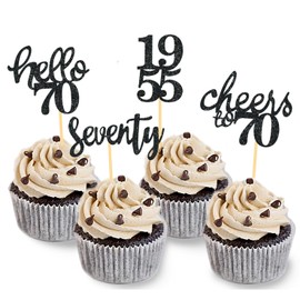 24 Pcs Glitter 70th Birthday Cupcake Toppers for Celebrating 70th Birthday Party Decorations for Seventy Years Old Birthday Party Supplies (Black)